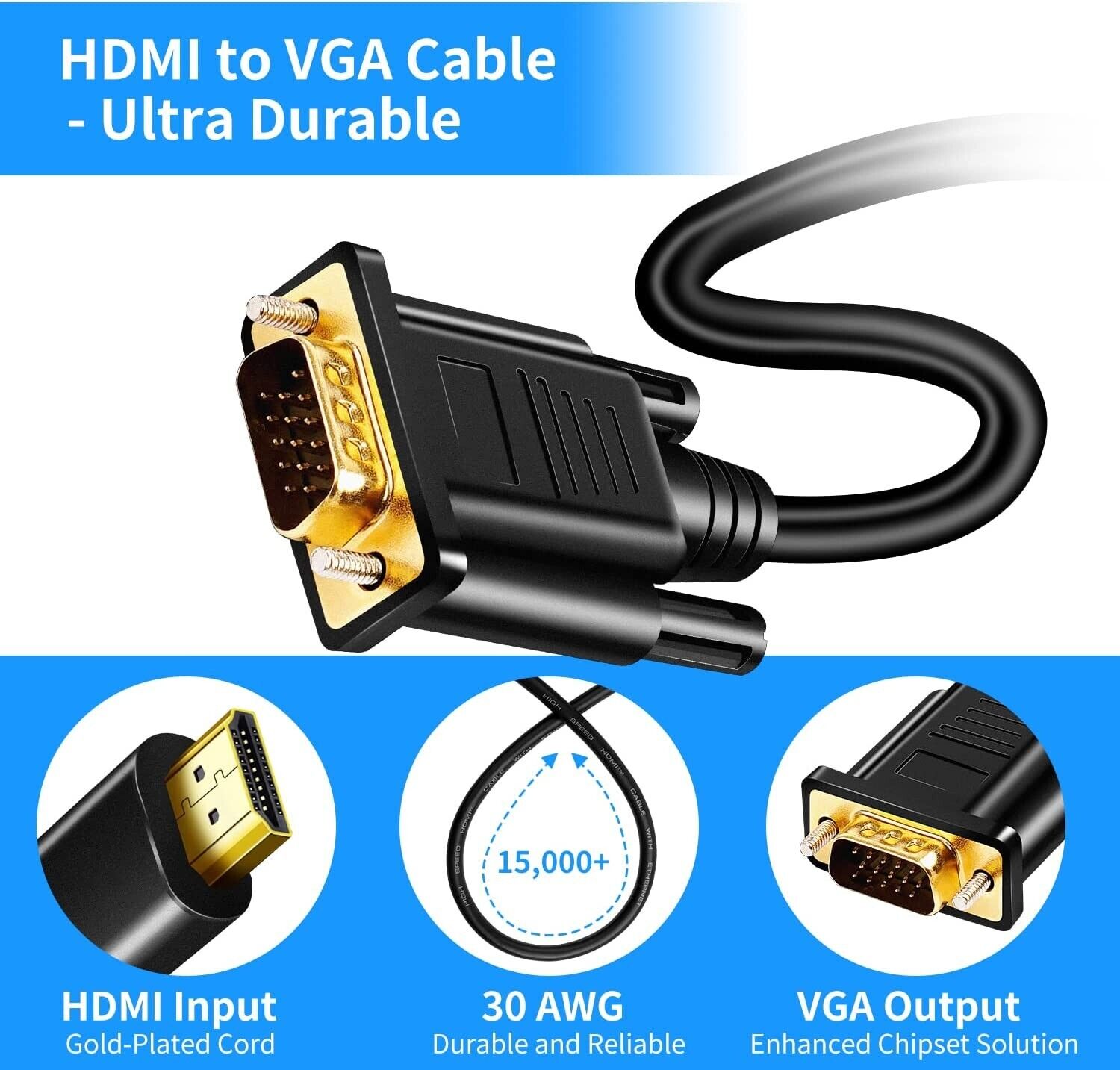 HDMI Stecker VGA Stecker Kabel FullHD 1080p Adapter Vergoldet 1m – Bild 3